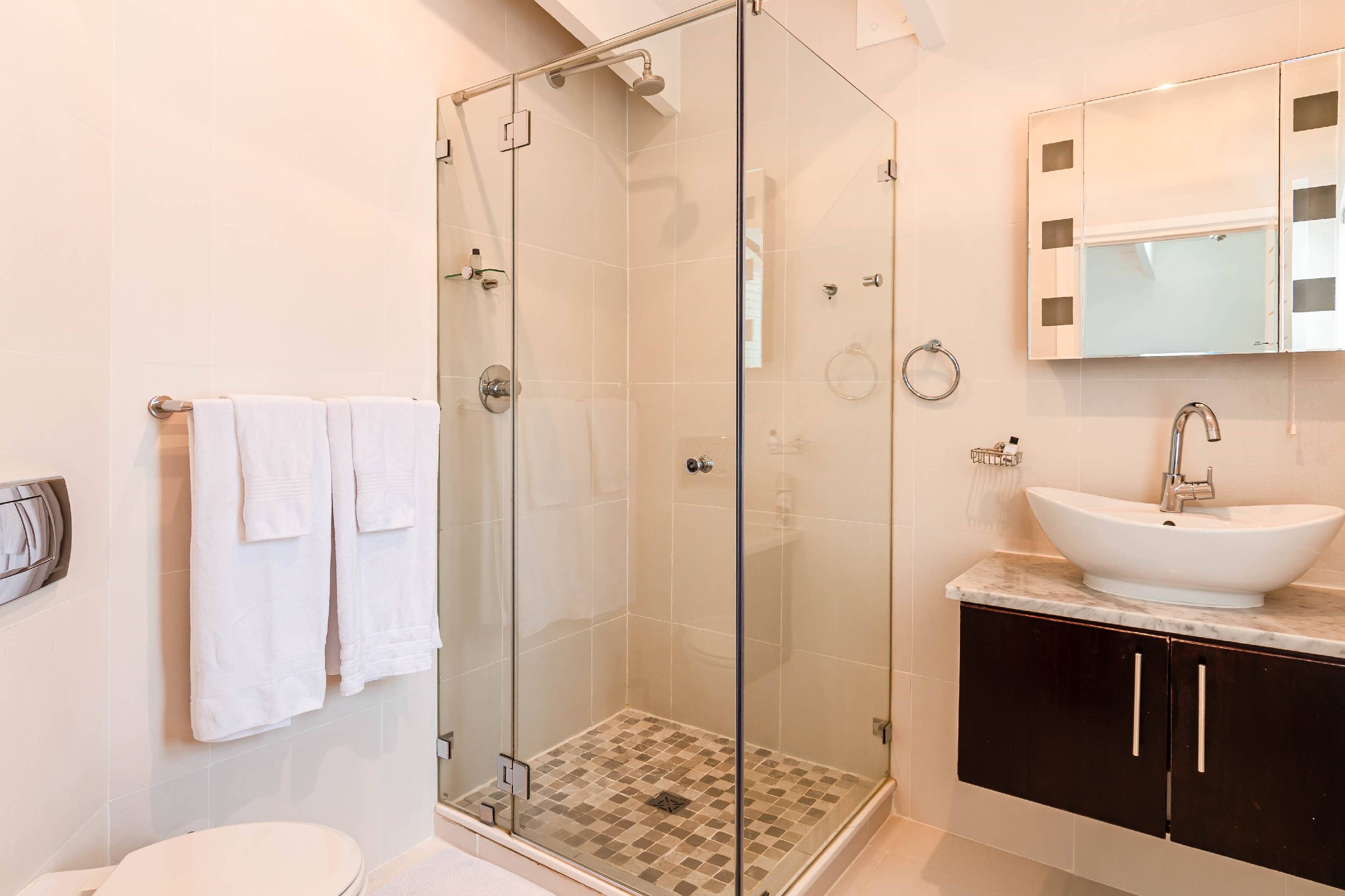 A modern bathroom with a glass-enclosed shower, a white sink, and dark cabinets.
