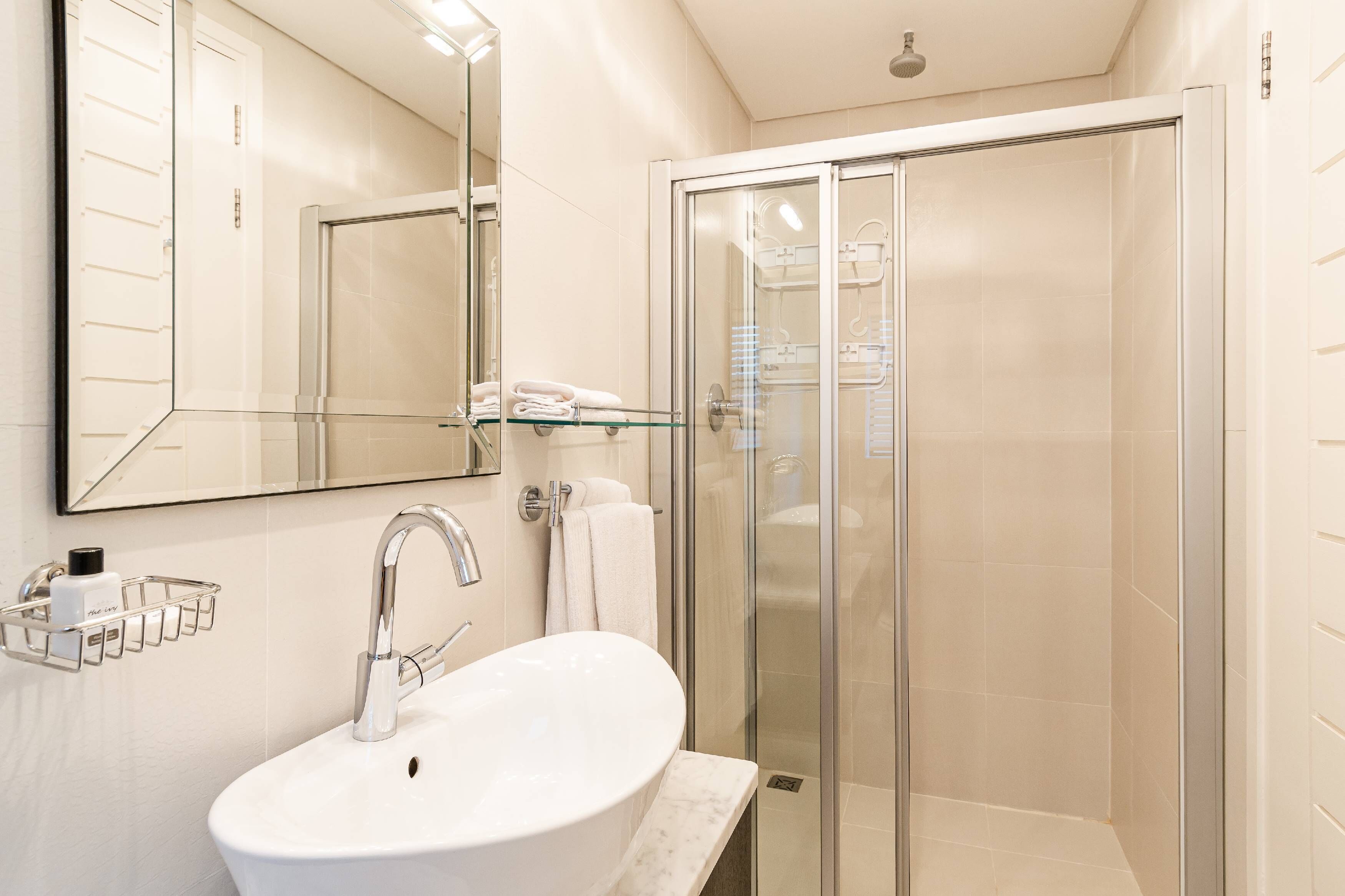 A modern bathroom with a glass-enclosed shower, a white sink, and a mirror above the sink.