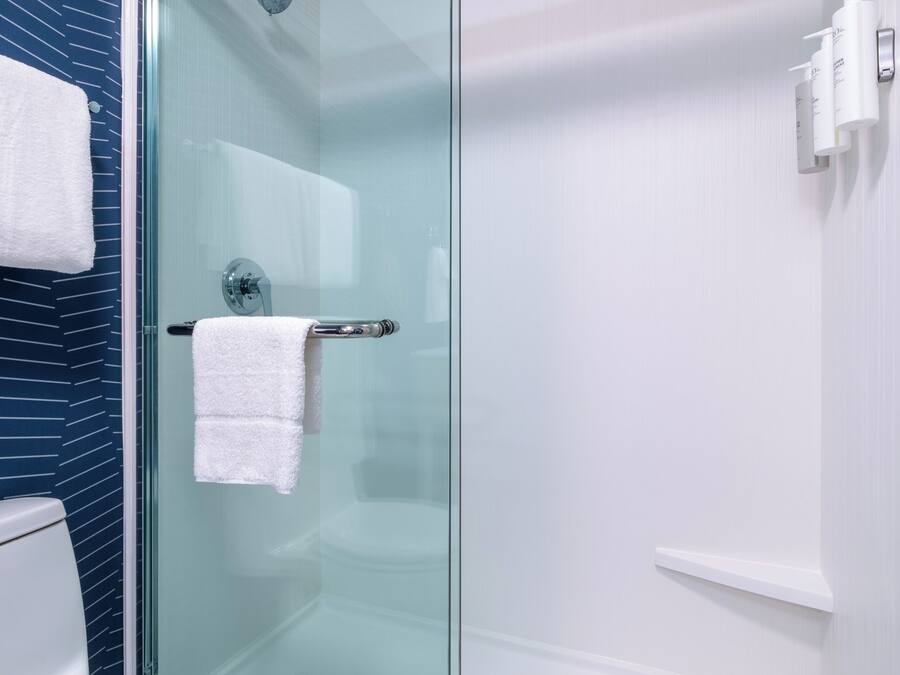 A modern bathroom with a glass-enclosed shower, a white toilet, and a towel rack.