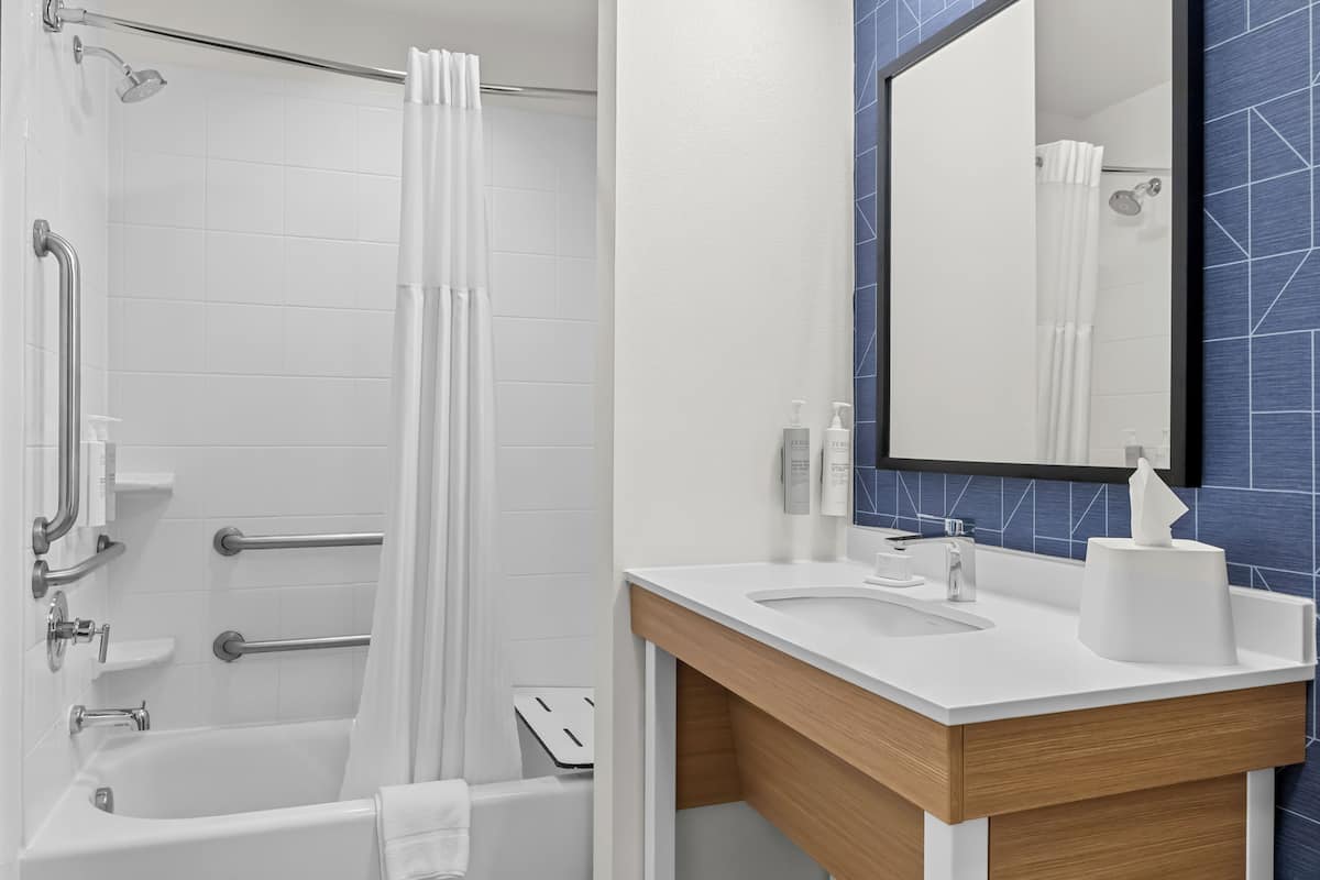 combined shower/bathtub, free toiletries, hair dryer, towels