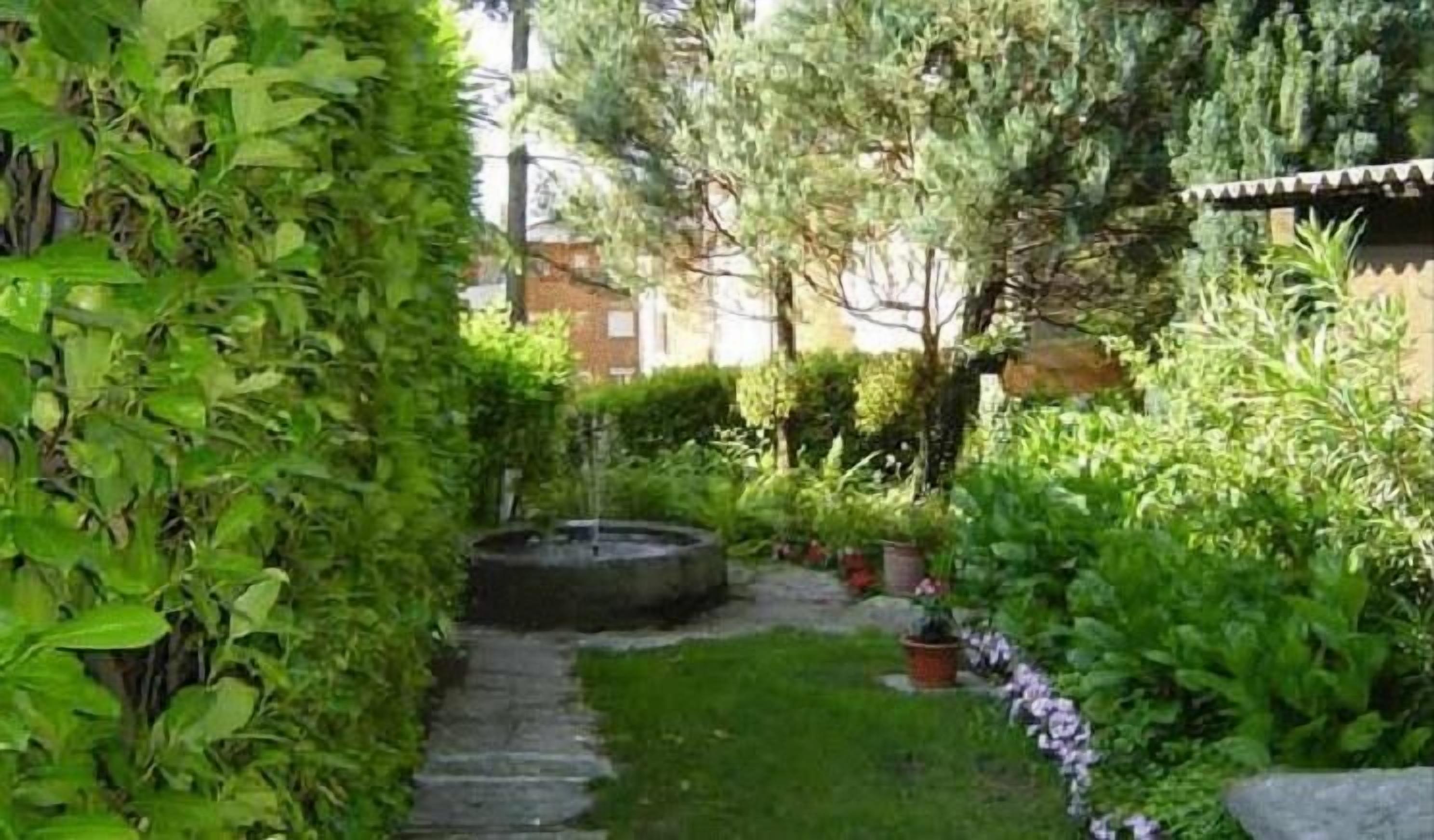 A garden with a stone pathway leading to a water feature.