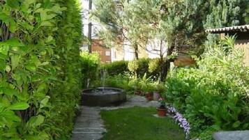 A garden with a stone pathway leading to a water feature.