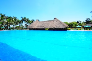 Outdoor pool, pool umbrellas, pool loungers