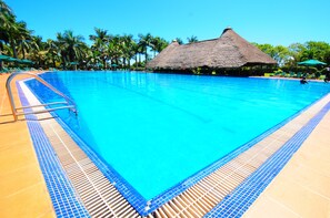 Outdoor pool, pool umbrellas, pool loungers