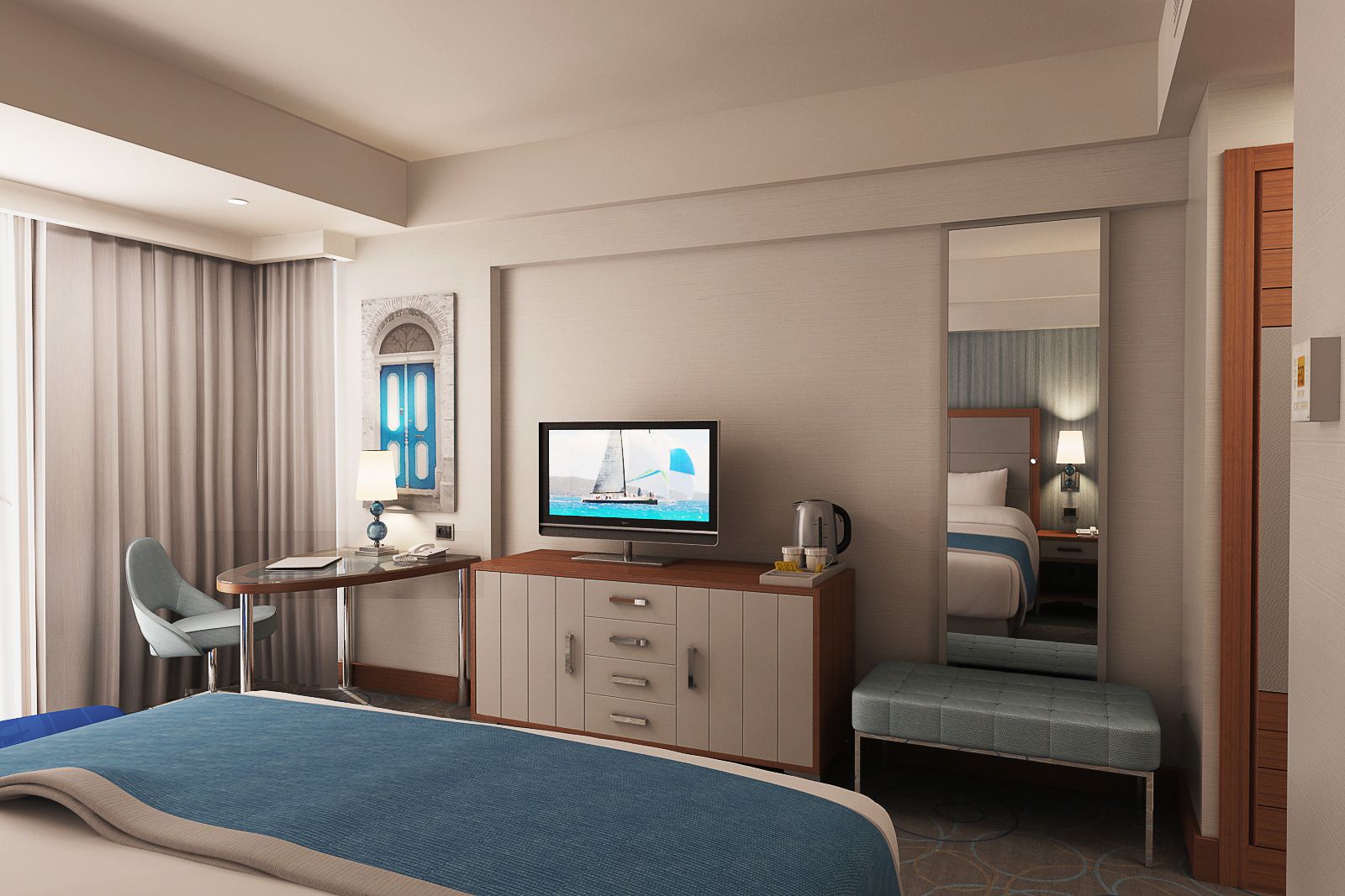 A hotel room with a bed, a desk with a computer, a chair, a television, and a mirror.