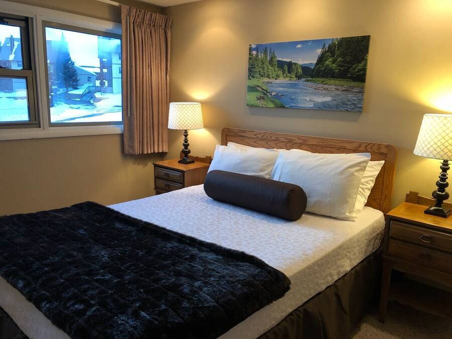 Habitación de hotel con cama, dos mesitas de noche, ventana con cortinas y un cuadro en la pared, con vistas a un paisaje nevado.