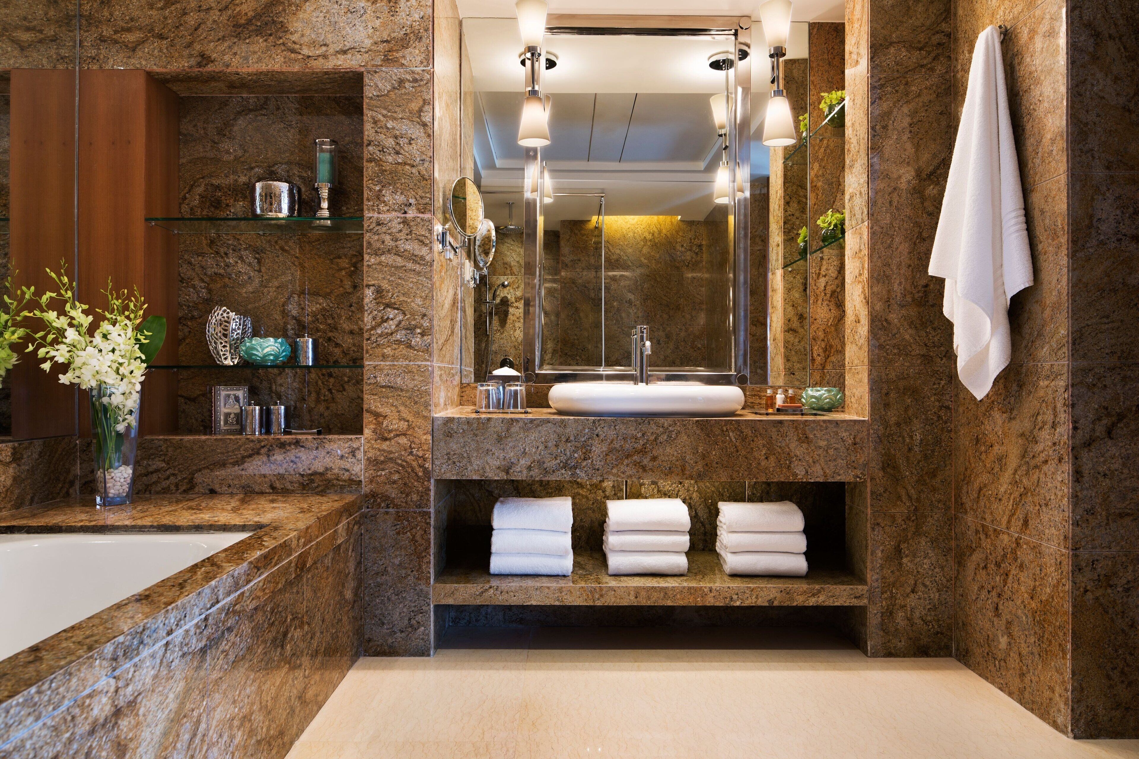 separate bathtub and shower, deep-soaking bathtub, rainfall showerhead