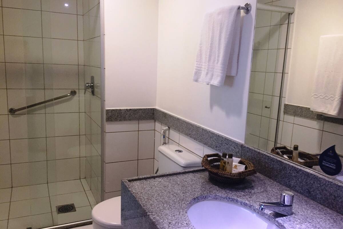 shower, free toiletries, hair dryer, towels