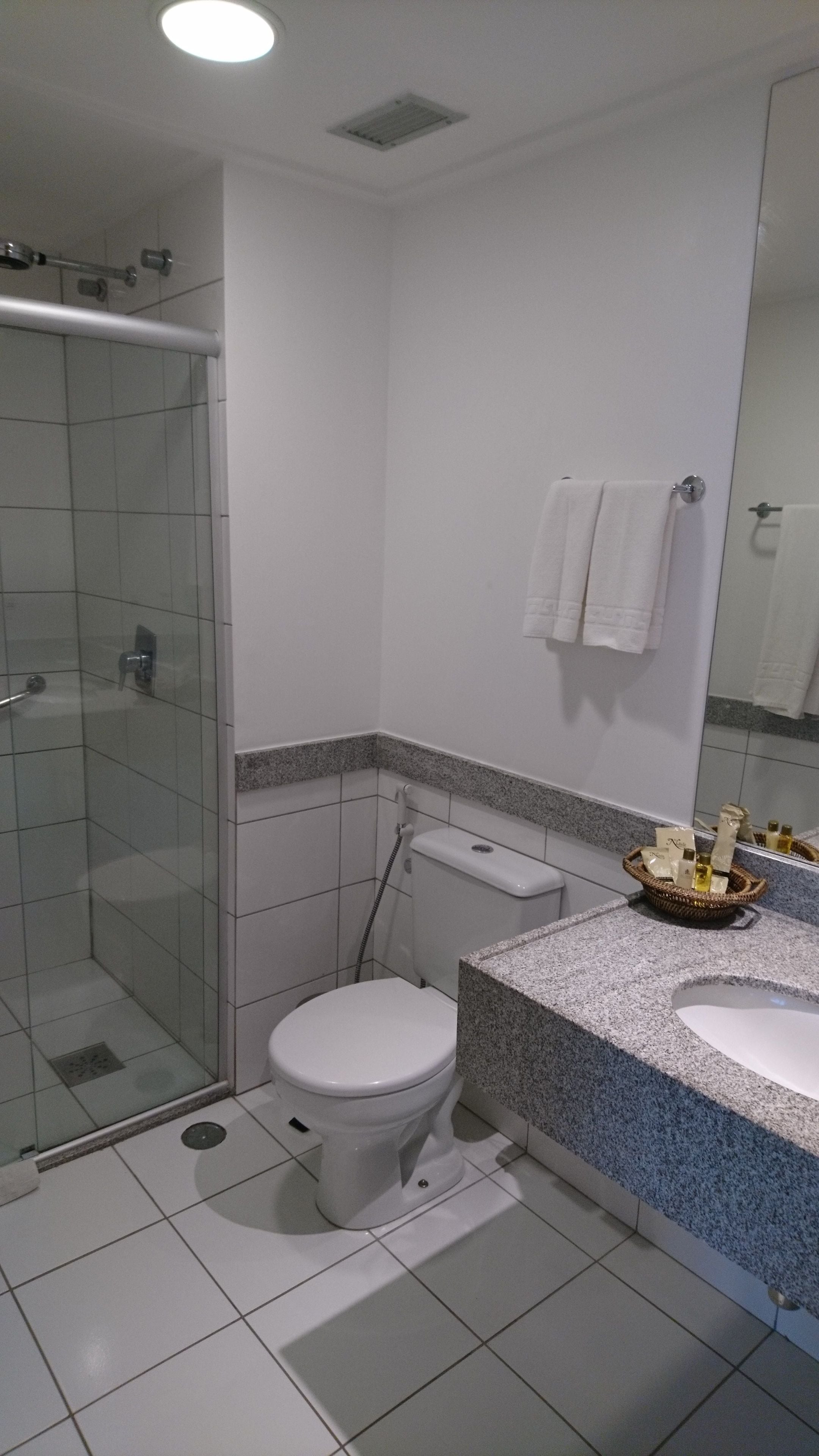 A bathroom with a glass-enclosed shower, a toilet, and a sink with a granite countertop.