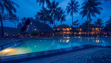 Outdoor pool, pool umbrellas, pool loungers