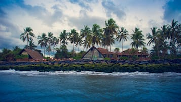 Relax in a thatched-roof hut or enjoy a meal at the on-site restaurant, overlooking the ocean and palm trees.