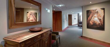 A hallway with a wooden vanity, a large mirror, and a bowl on the counter. There are framed pictures on the walls and a carpeted floor.