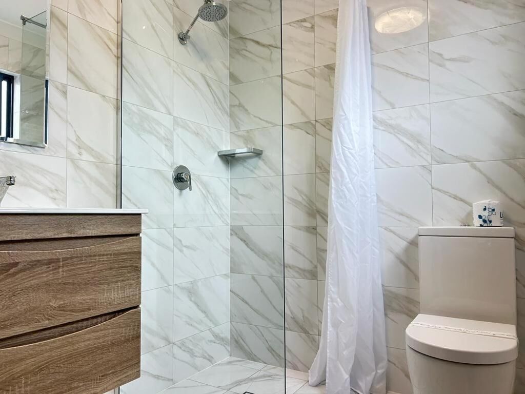 A bathroom with a shower, toilet, and vanity.