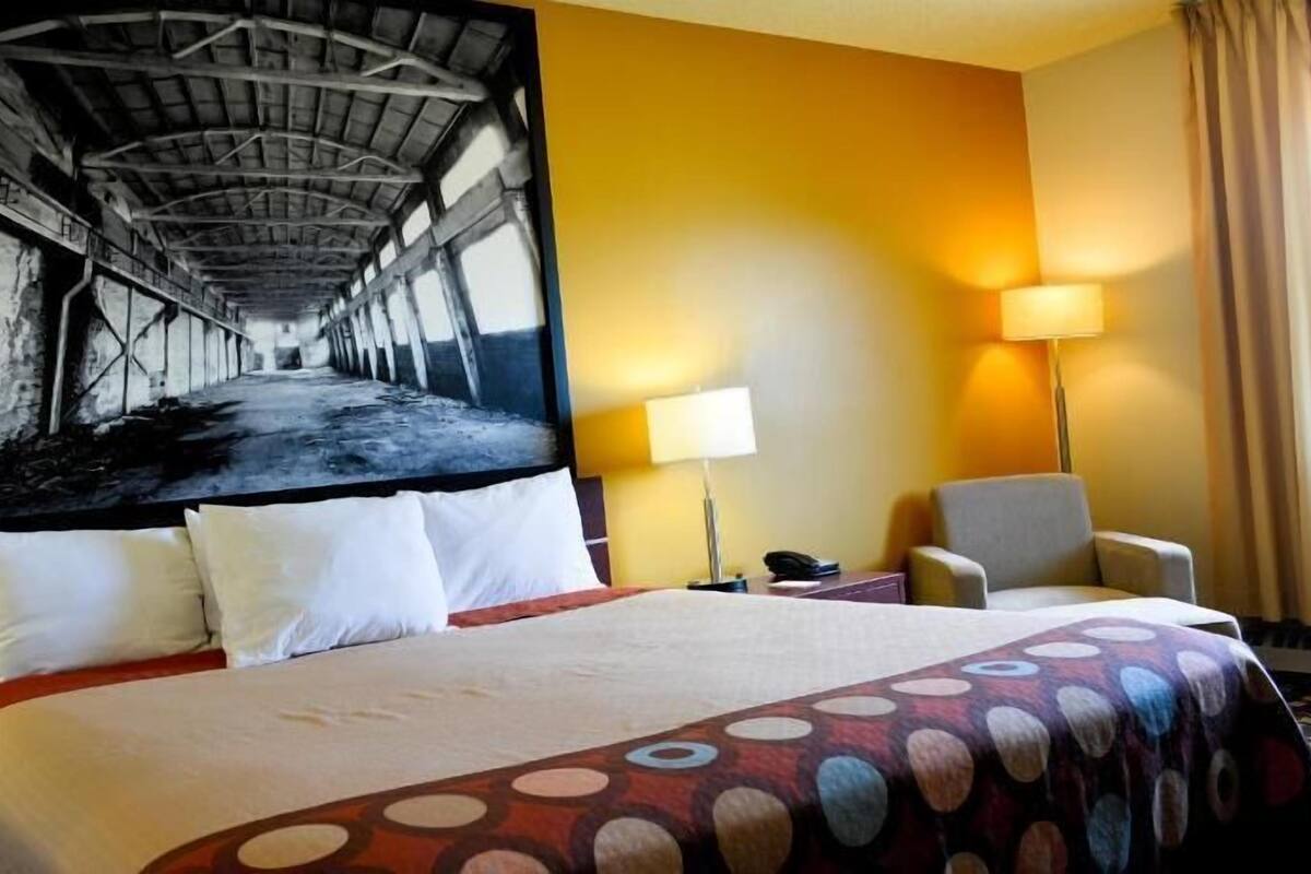 Desk, laptop workspace, blackout curtains, free WiFi