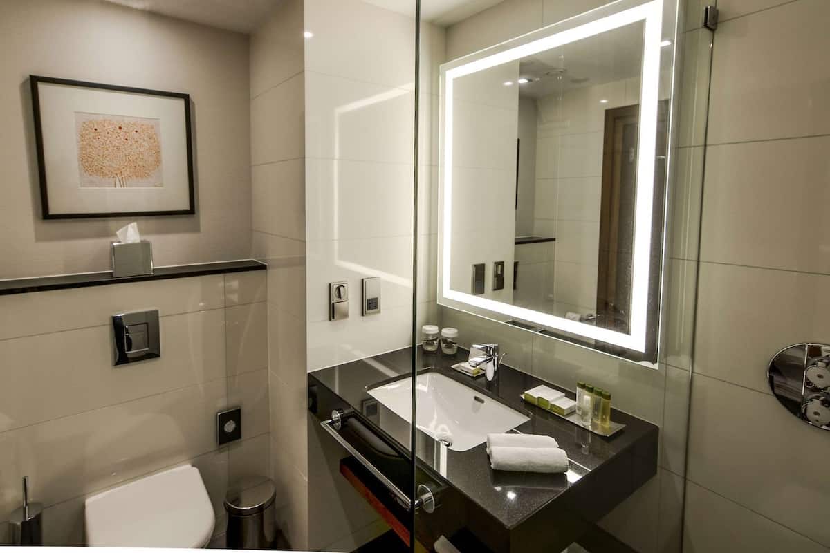 A modern bathroom with a large mirror, a sink, and a toilet.