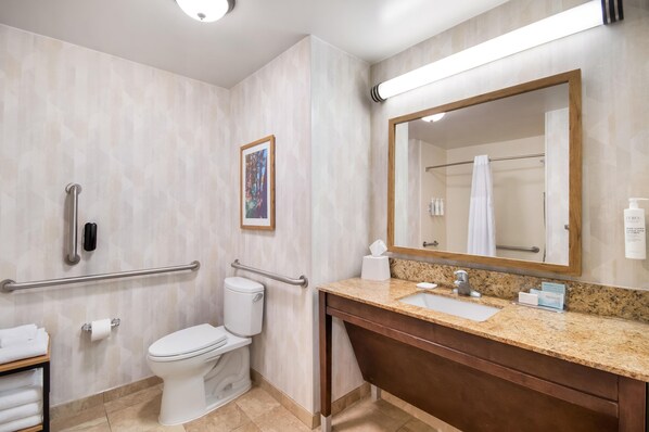 Un baño con inodoro, lavabo, espejo y barras de apoyo.