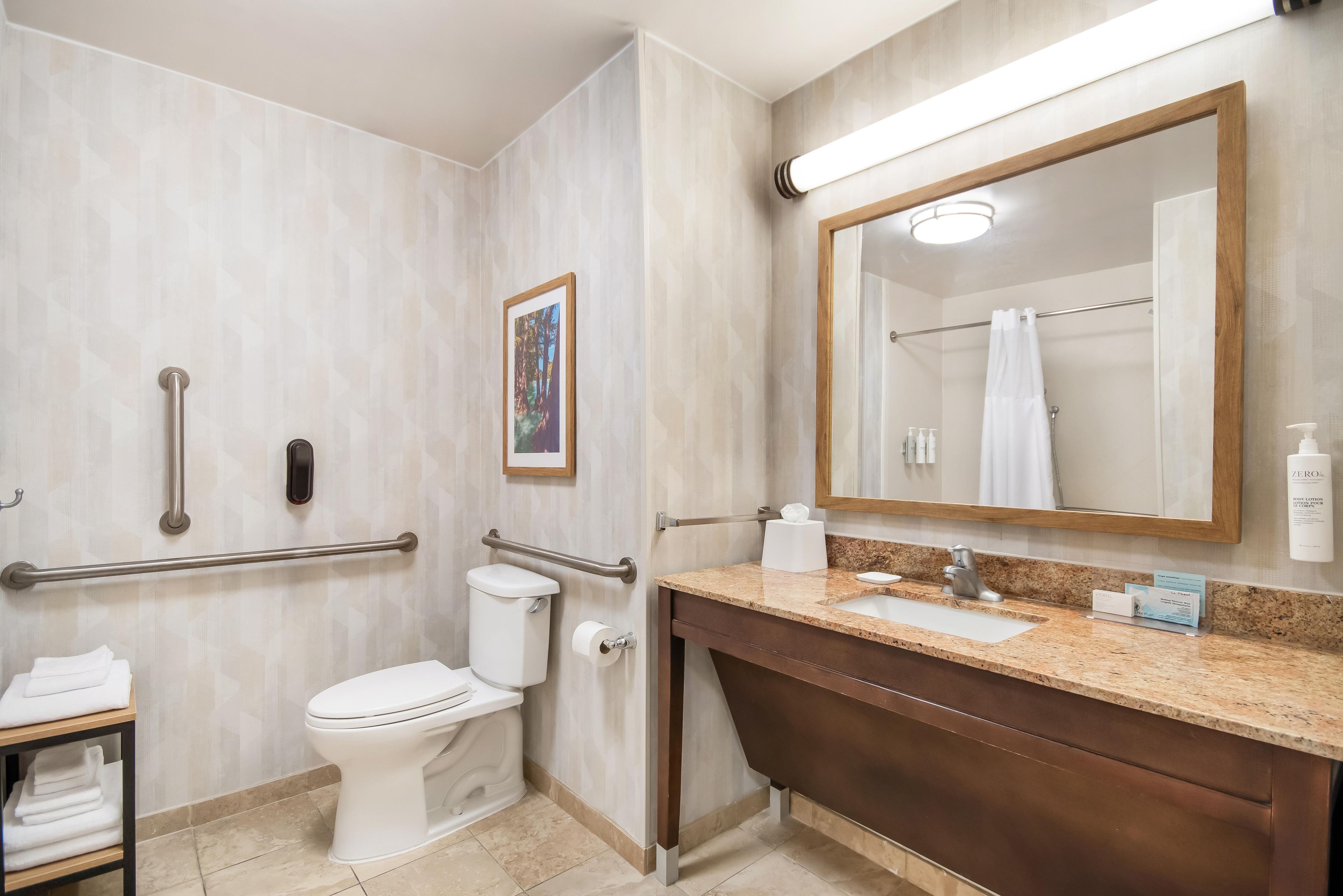 Une salle de bain équipée de toilettes, de barres d’appui, d’un lavabo, d’un miroir et d’un porte-serviettes.