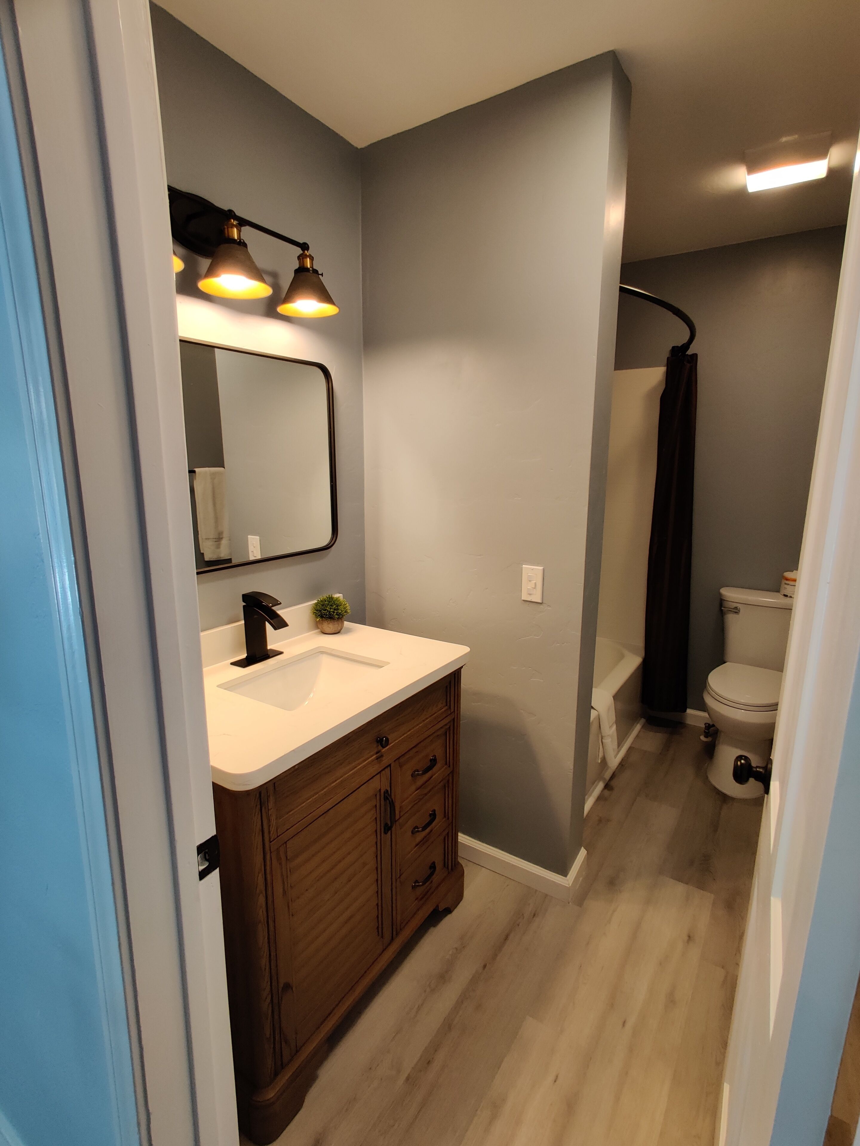 Un bagno con un mobile lavabo in legno, uno specchio e un water.