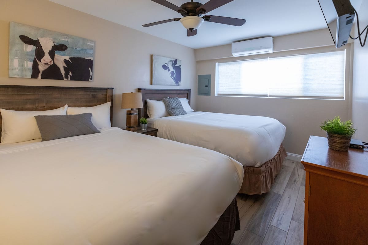 A hotel room with two beds, a ceiling fan, artwork on the walls, a window with blinds, and a small plant on a nightstand.