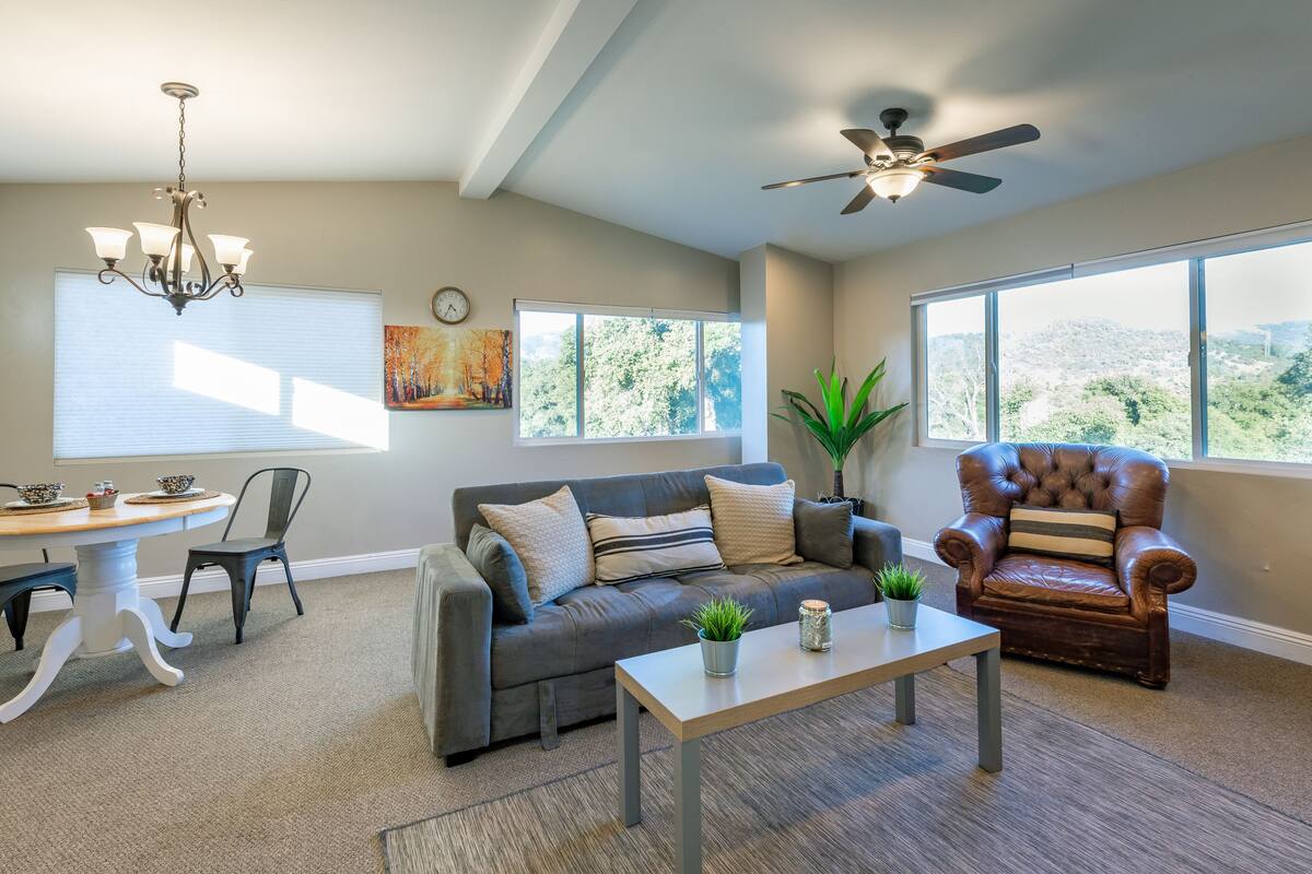 A living room with a gray sofa, a brown leather armchair, a dining table with chairs, a chandelier, a ceiling fan, and large windows with a view of trees.