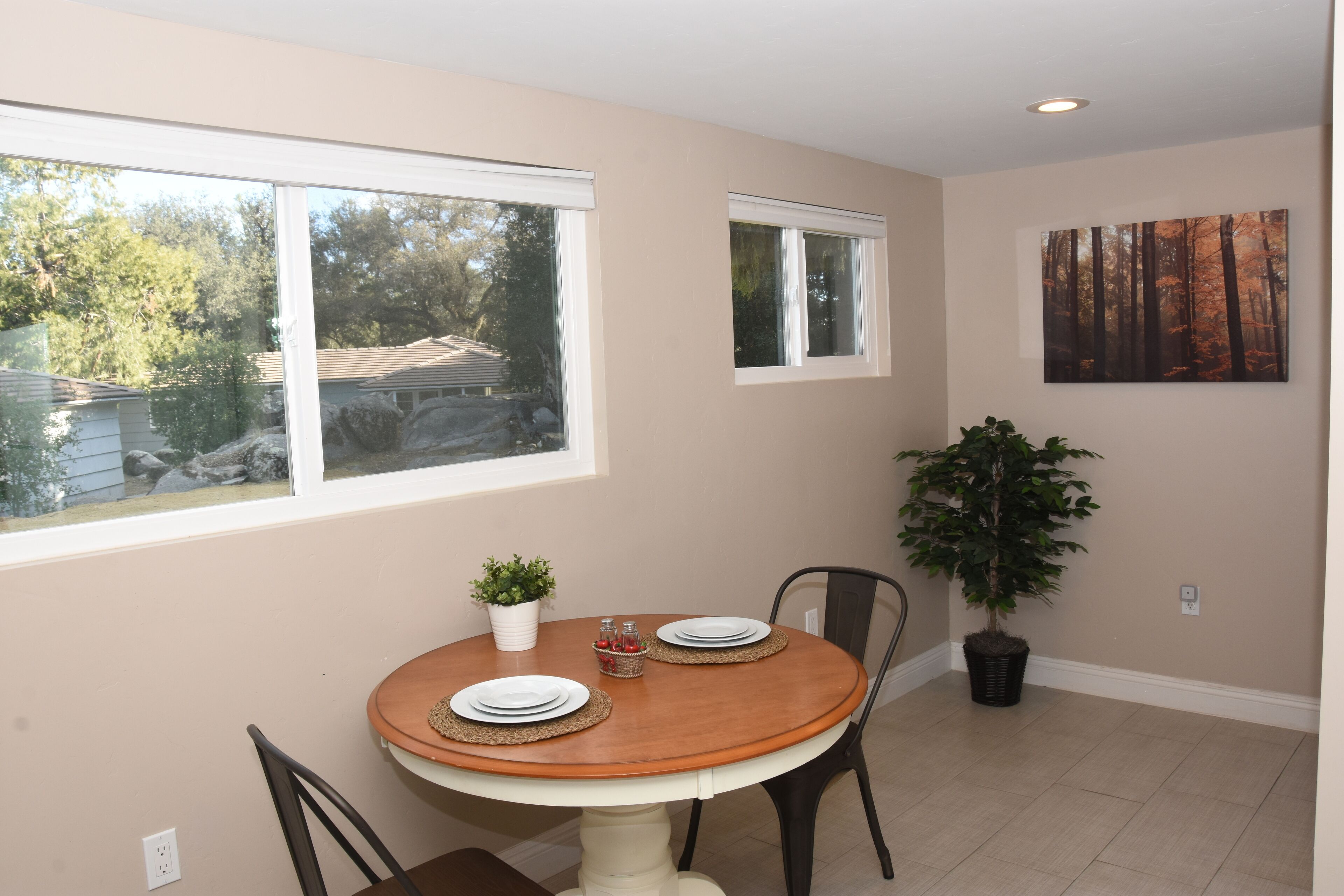 A dining area with a round table, chairs, a potted plant, and a painting on the wall.