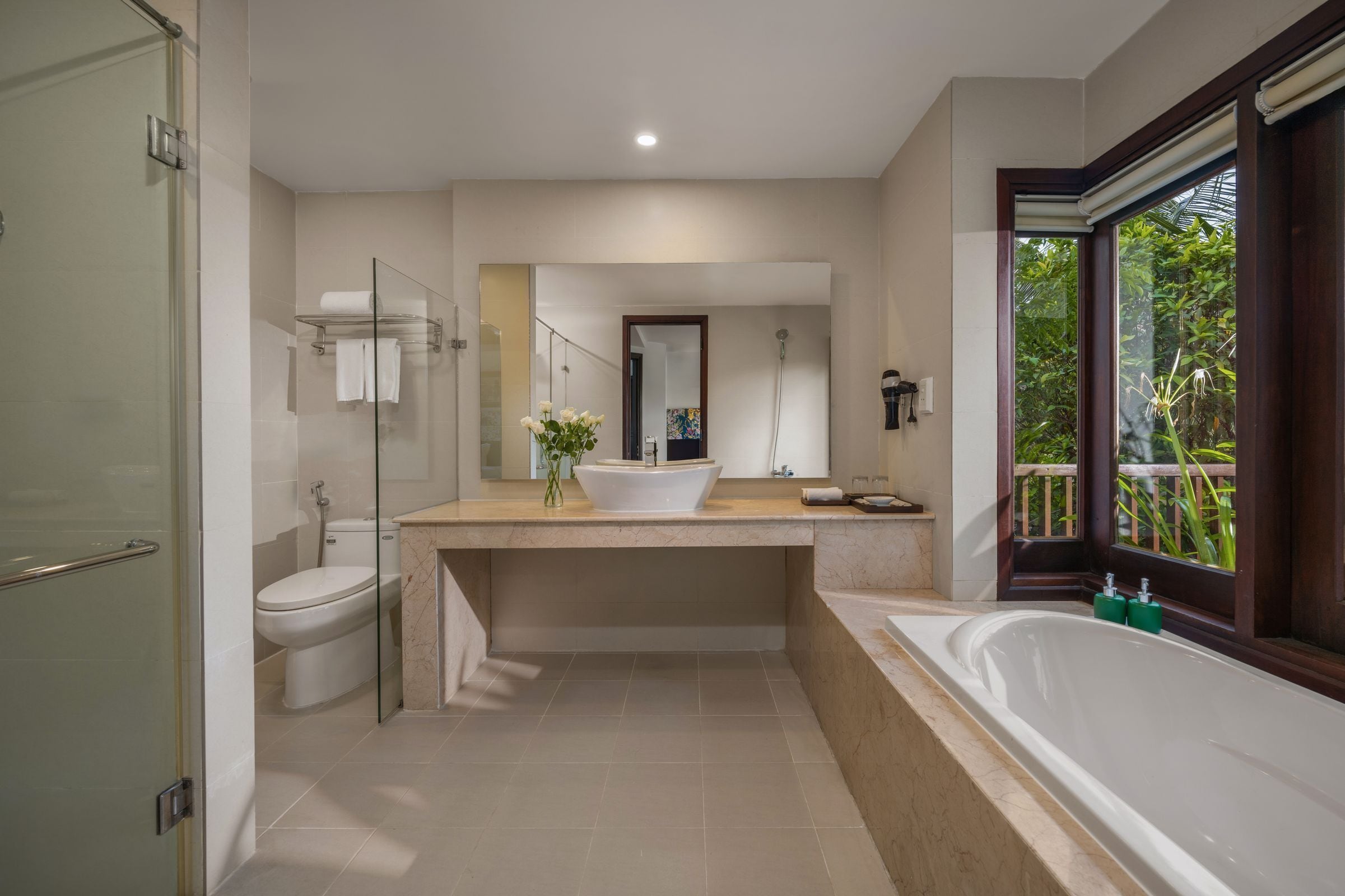 free toiletries, hair dryer, bathrobes, slippers