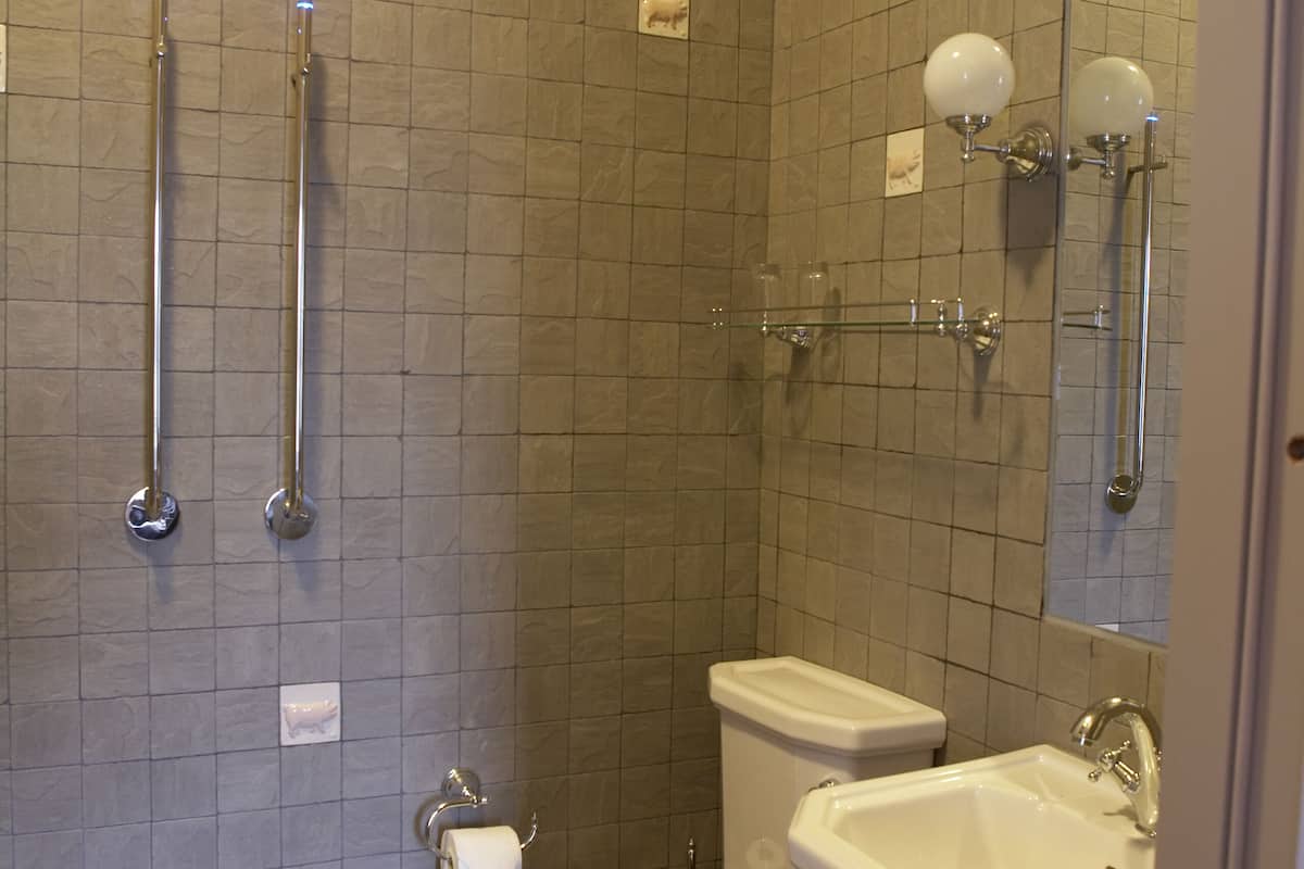 shower, rainfall showerhead, hair dryer, towels