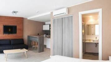 Un apartamento moderno con sala de estar, kitchenette y baño.