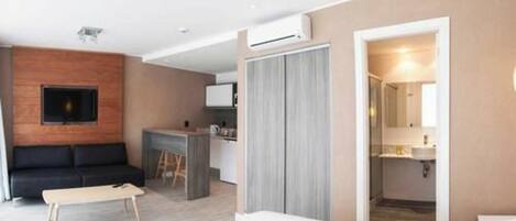 Un apartamento moderno con sala de estar, kitchenette y baño.
