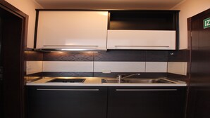 A compact kitchen with a built-in stove, a sink, and upper cabinets. - Apartments Logoš Cavtat (Konavle)