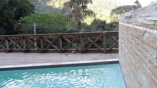 Outdoor pool, pool umbrellas, pool loungers