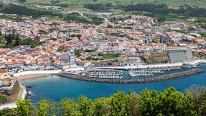 A coastal town with a marina, buildings with red-tiled roofs, and a prominent modern hotel structure. - Angra Marina Hotel (Angra do Heroismo)