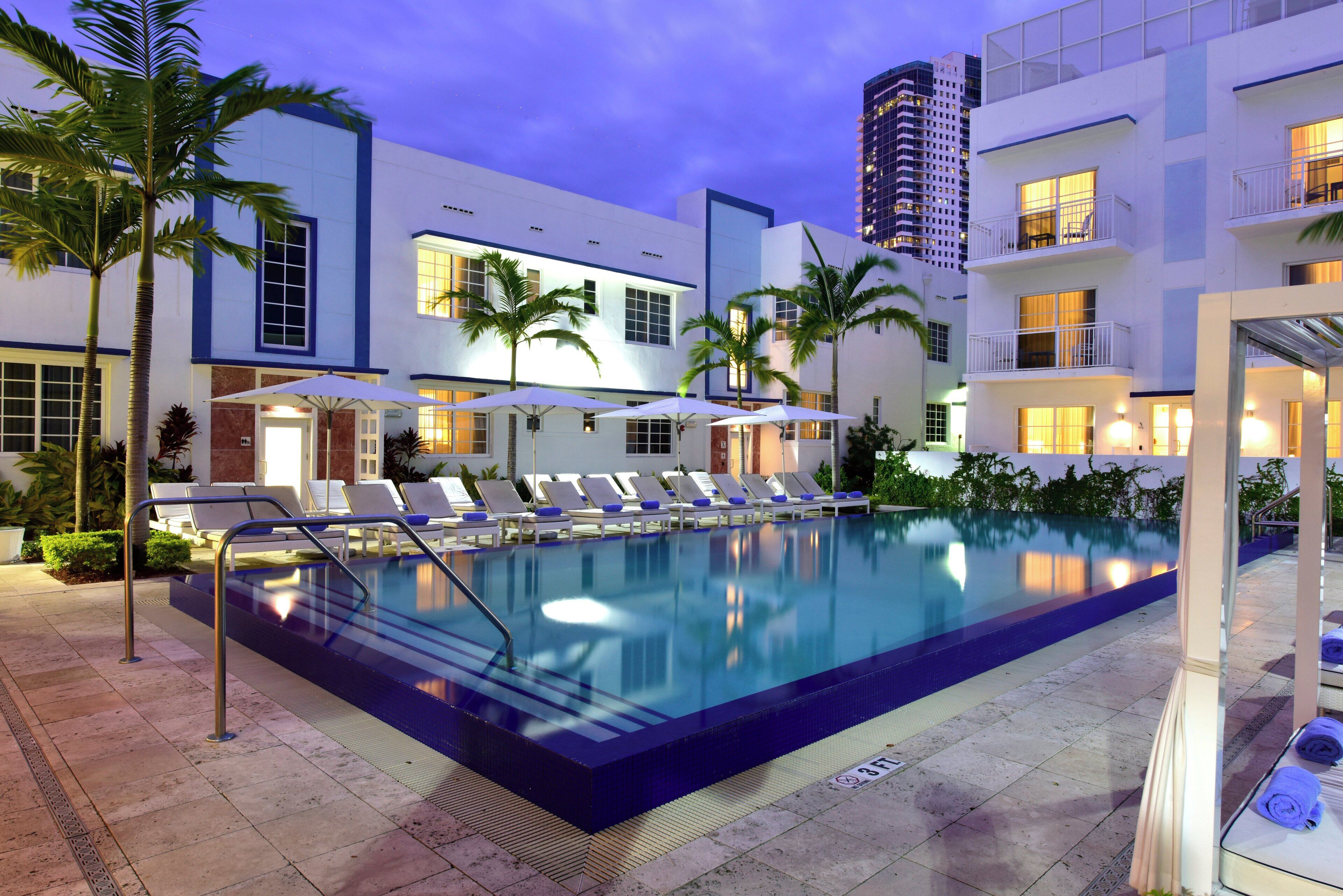 Outdoor pool, pool umbrellas, pool loungers