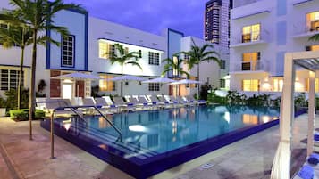 Outdoor pool, pool umbrellas, pool loungers