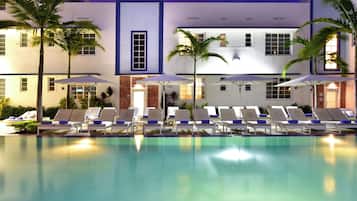 Outdoor pool, pool umbrellas, pool loungers