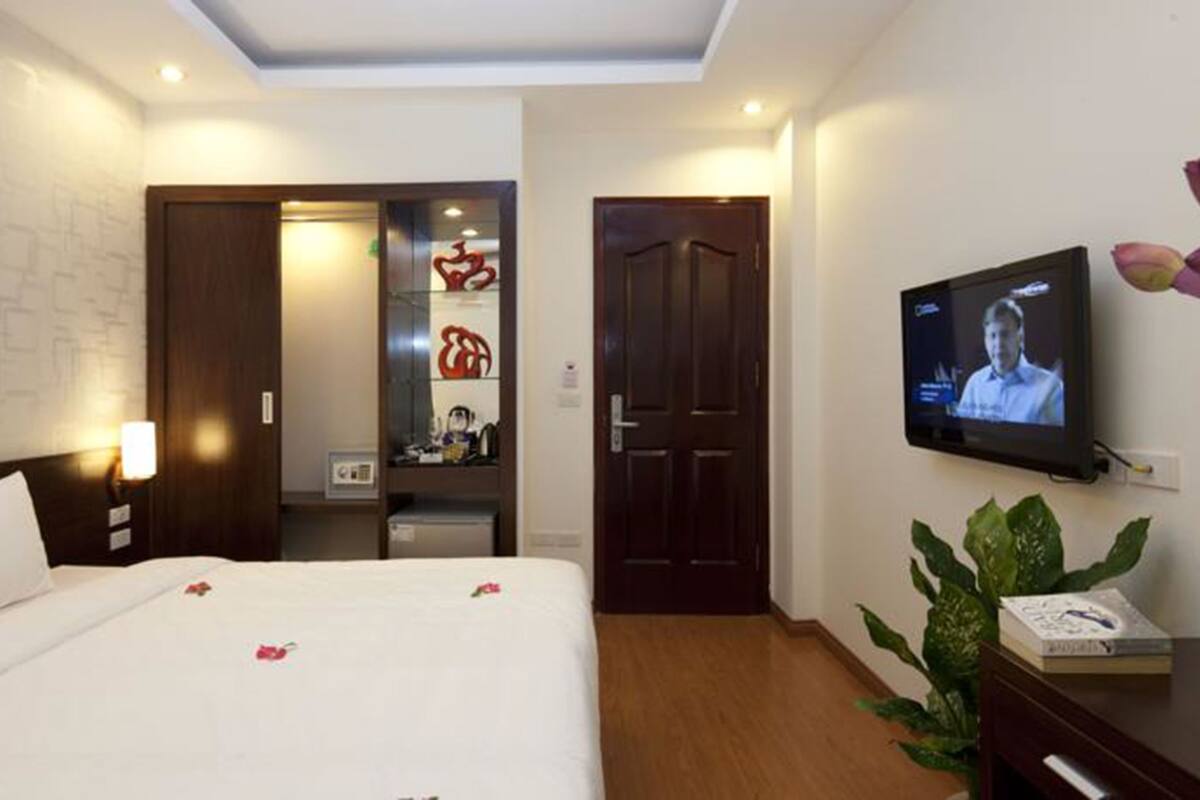 A hotel room with a bed, a TV, a desk with a plant, and a wardrobe.