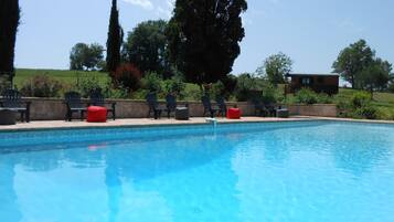 Outdoor pool, pool umbrellas, pool loungers