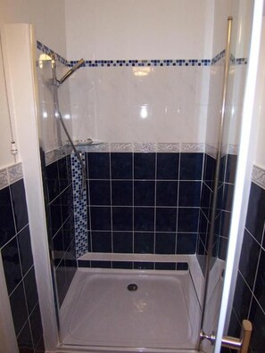 A shower with a glass door, a tiled wall, and a metal showerhead.