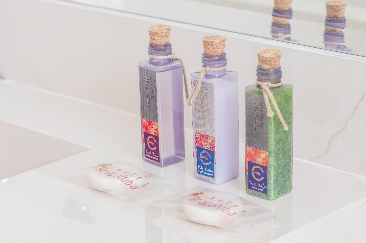 hair dryer, towels, soap, shampoo