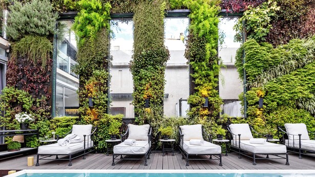 Un espace piscine aménagé sur le toit, avec des chaises longues et des jardins verticaux.
