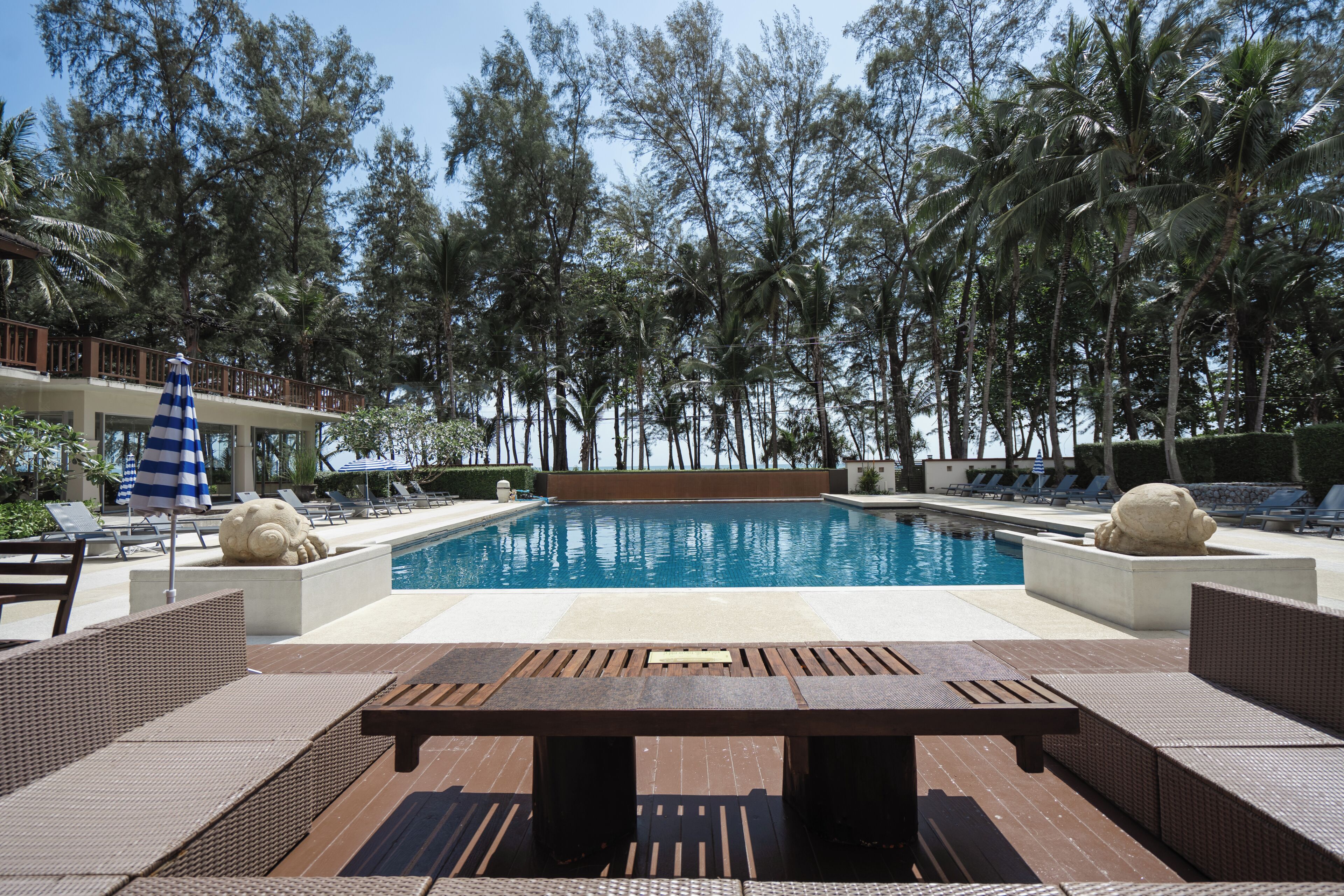 Piscina externa, guarda-sóis, espreguiçadeiras