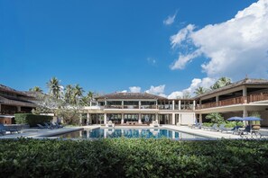 Outdoor pool, pool umbrellas, pool loungers