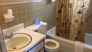 Combined shower/bathtub, hair dryer, towels