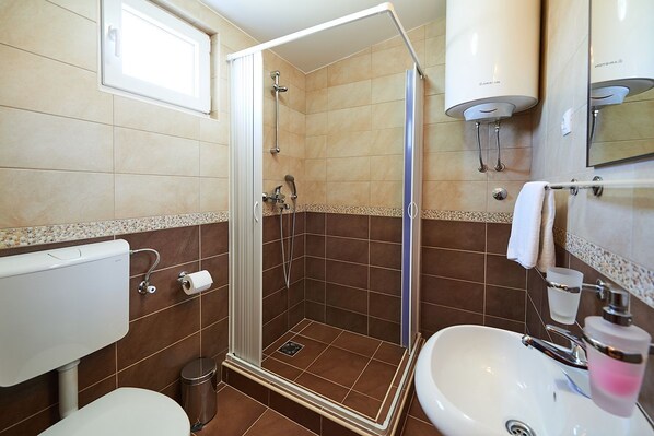 Shower, rainfall showerhead, hair dryer, slippers