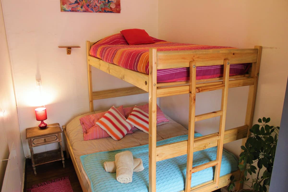 Un lit superposé avec une structure en bois, une petite table de chevet avec une lampe et une plante.