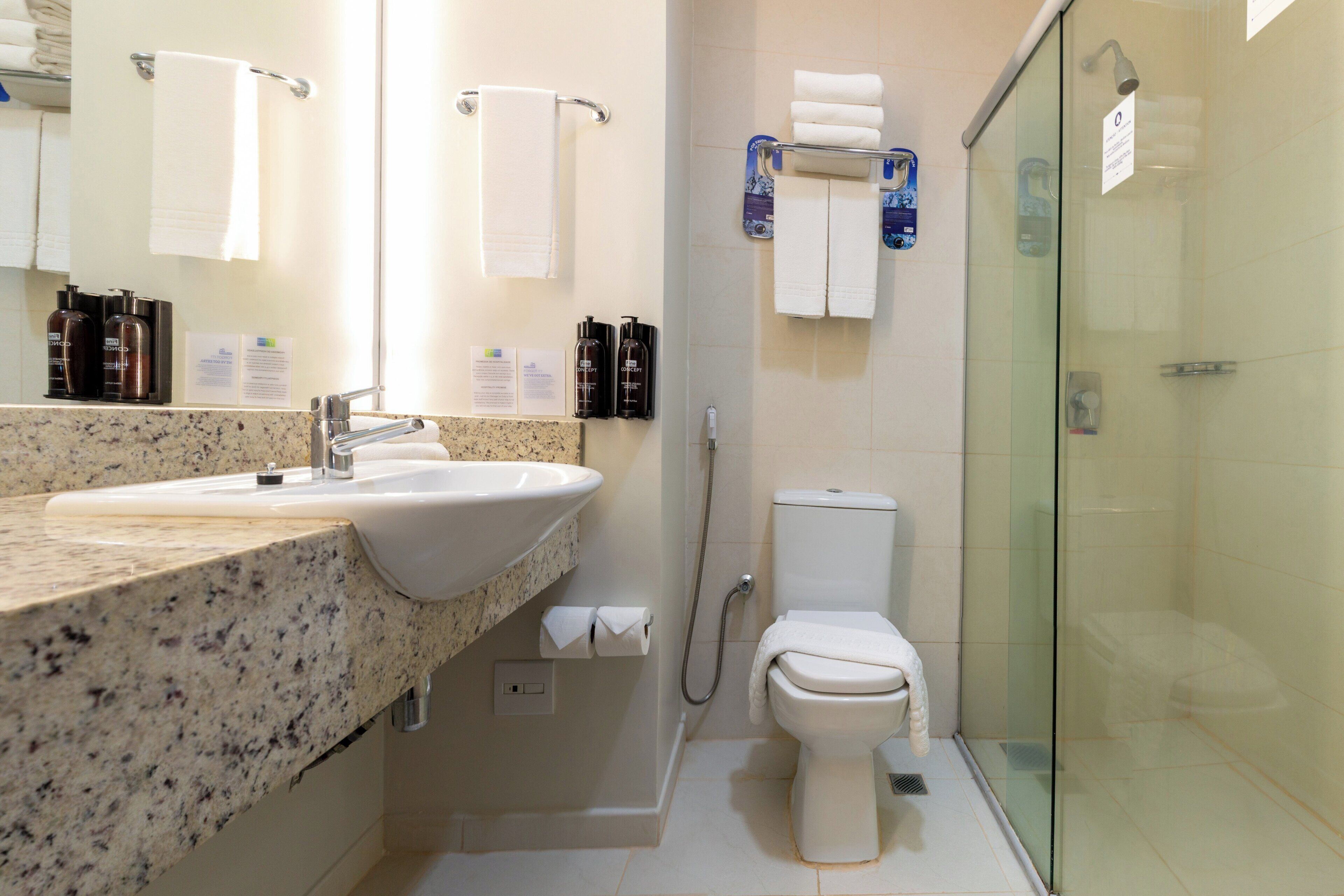 A modern bathroom with a granite countertop sink, a toilet, and a glass shower enclosure.