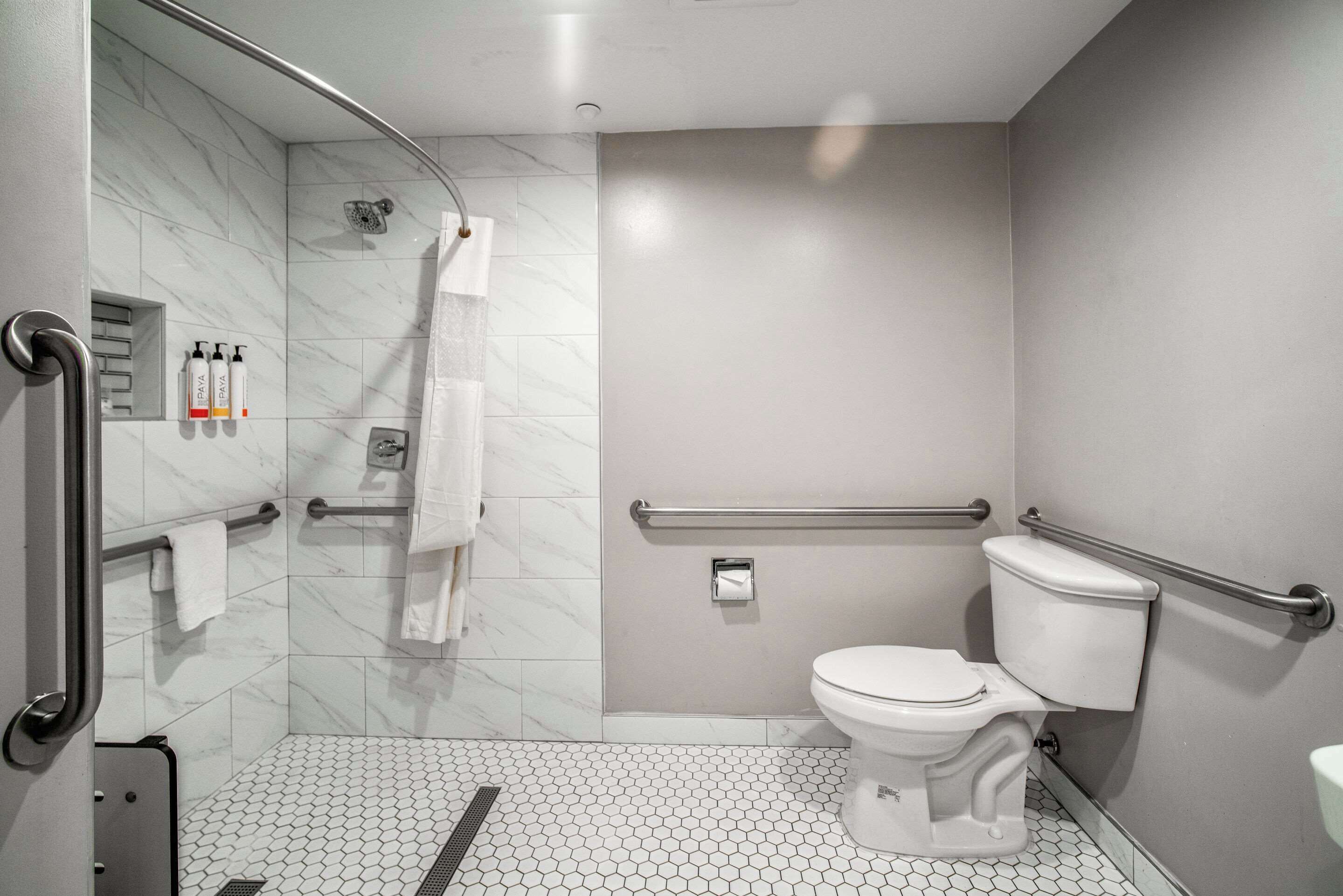 Ein modernes Badezimmer mit Dusche, Toilette und Haltegriffen.