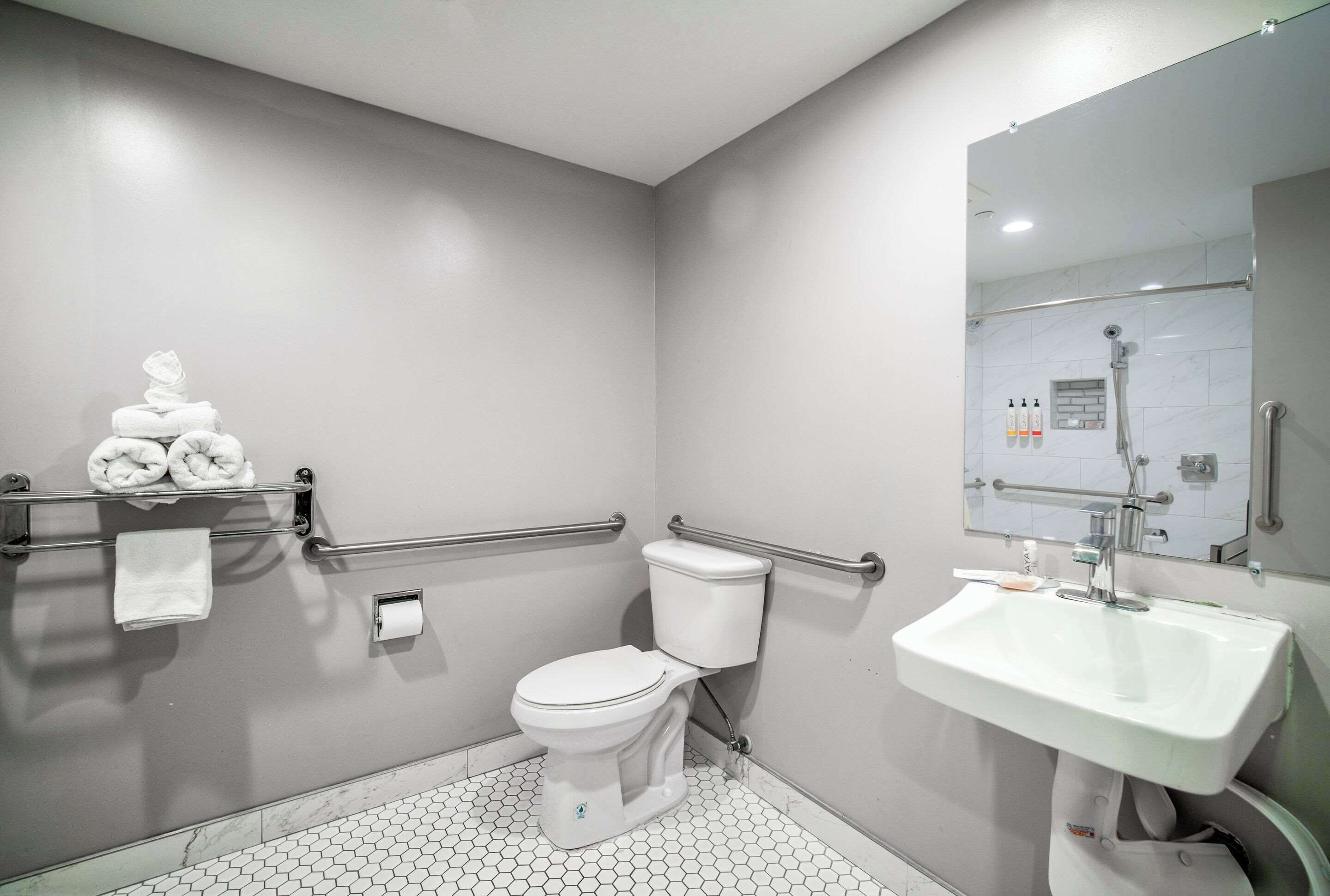 A modern bathroom with a toilet, sink, and handrails.