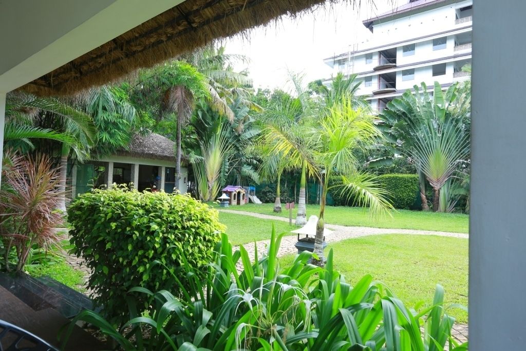 Un exuberante jardín con palmeras y una estructura techada de paja.