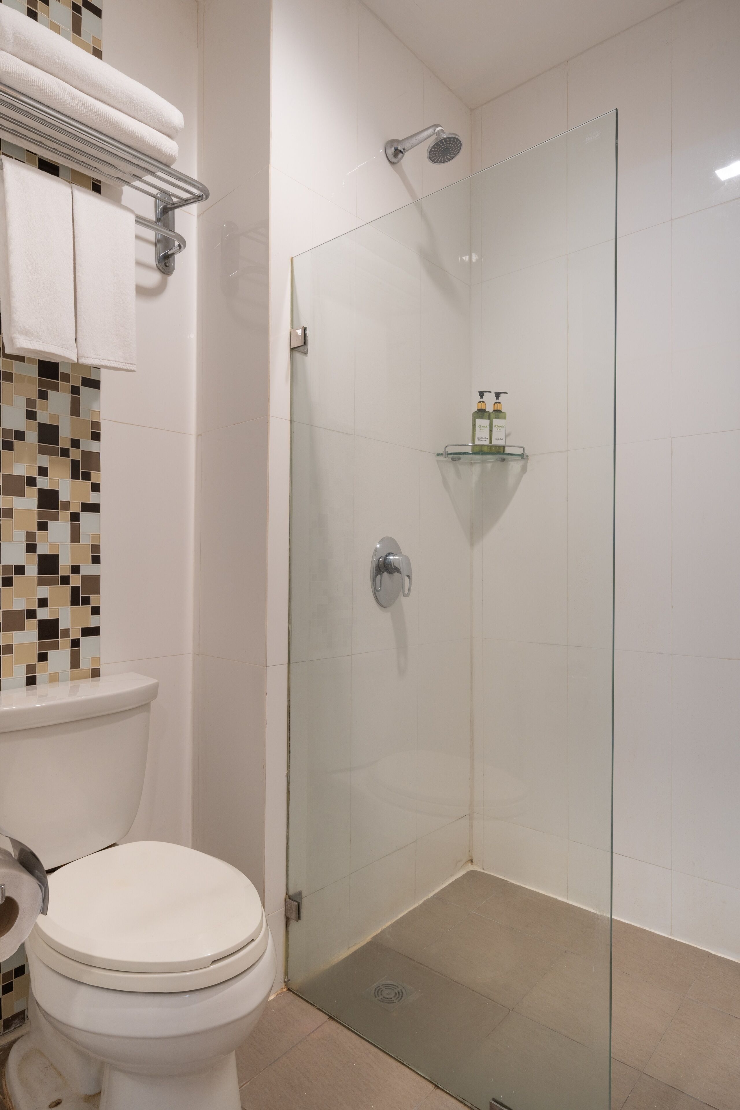 shower, free toiletries, hair dryer, towels